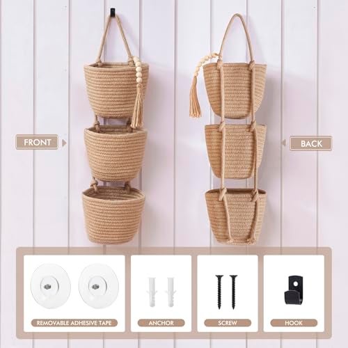 LIGHT DUST Fabric Wall Hanging Organizers - Small Woven Baskets Pouches Set Boho Style Wall Mounted Bag with Adhesive Hook, Storage Decoration Pocket Caddy for Closet Playroom RV Nursery (Linen & Black) - Image 2