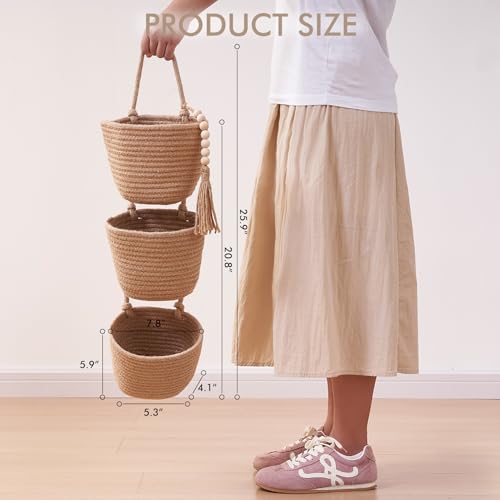 LIGHT DUST Fabric Wall Hanging Organizers - Small Woven Baskets Pouches Set Boho Style Wall Mounted Bag with Adhesive Hook, Storage Decoration Pocket Caddy for Closet Playroom RV Nursery (Linen & Black) - Image 3