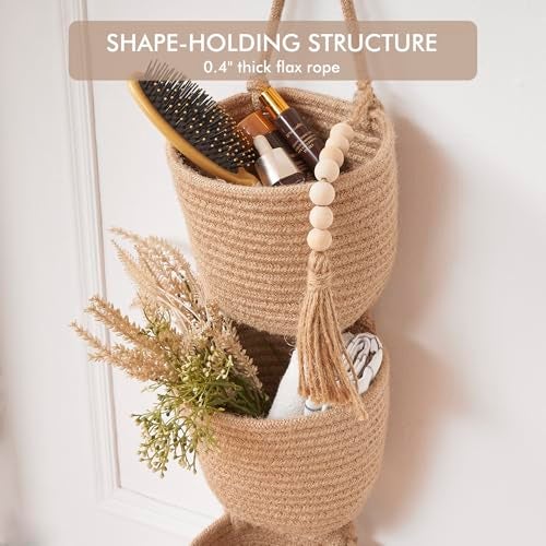 LIGHT DUST Fabric Wall Hanging Organizers - Small Woven Baskets Pouches Set Boho Style Wall Mounted Bag with Adhesive Hook, Storage Decoration Pocket Caddy for Closet Playroom RV Nursery (Linen & Black) - Image 4