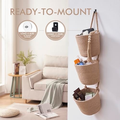LIGHT DUST Fabric Wall Hanging Organizers - Small Woven Baskets Pouches Set Boho Style Wall Mounted Bag with Adhesive Hook, Storage Decoration Pocket Caddy for Closet Playroom RV Nursery (Linen & Black) - Image 5