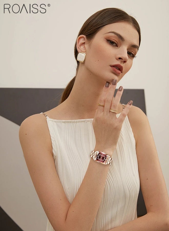 رويس ساعة كوارتز بسوار فولاذي باللون الذهبي الوردي للنساء، شاشة عرض تناظرية بمينا مستطيلة مع عرض للتقويم، ساعة يد فاخرة أنيقة مقاومة للماء ومتعددة الاستخدامات، هدية للسيدات - Image 2