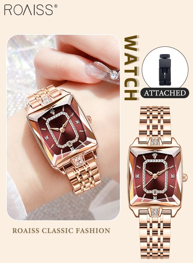 رويس ساعة كوارتز بسوار فولاذي باللون الذهبي الوردي للنساء، شاشة عرض تناظرية بمينا مستطيلة مع عرض للتقويم، ساعة يد فاخرة أنيقة مقاومة للماء ومتعددة الاستخدامات، هدية للسيدات - Image 1