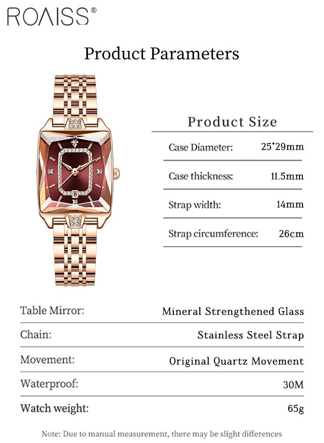 رويس ساعة كوارتز بسوار فولاذي باللون الذهبي الوردي للنساء، شاشة عرض تناظرية بمينا مستطيلة مع عرض للتقويم، ساعة يد فاخرة أنيقة مقاومة للماء ومتعددة الاستخدامات، هدية للسيدات - Image 3