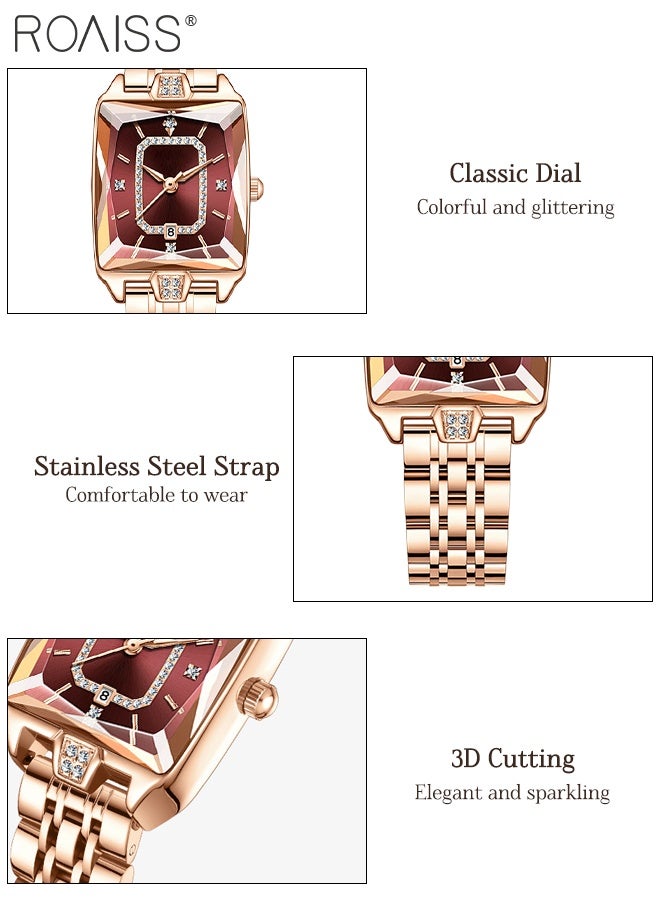 رويس ساعة كوارتز بسوار فولاذي باللون الذهبي الوردي للنساء، شاشة عرض تناظرية بمينا مستطيلة مع عرض للتقويم، ساعة يد فاخرة أنيقة مقاومة للماء ومتعددة الاستخدامات، هدية للسيدات - Image 5