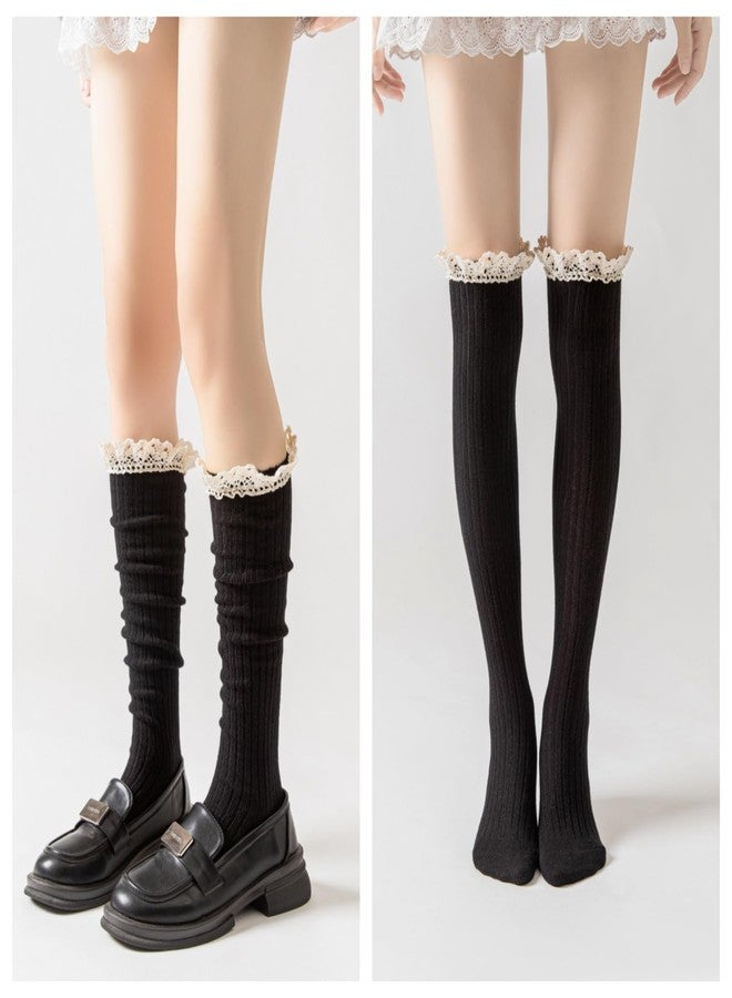 جيلوهو عبوة من 4 جوارب نسائية قطنية محبوكة طويلة تصل إلى الركبة مزينة بالدانتيل، مقاس حر، بيج، أسود، بني، أخضر - Image 3