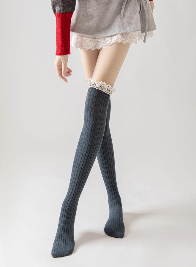 جيلوهو عبوة من 4 جوارب نسائية قطنية محبوكة طويلة تصل إلى الركبة مزينة بالدانتيل، مقاس حر، بيج، أسود، بني، أخضر - Image 5