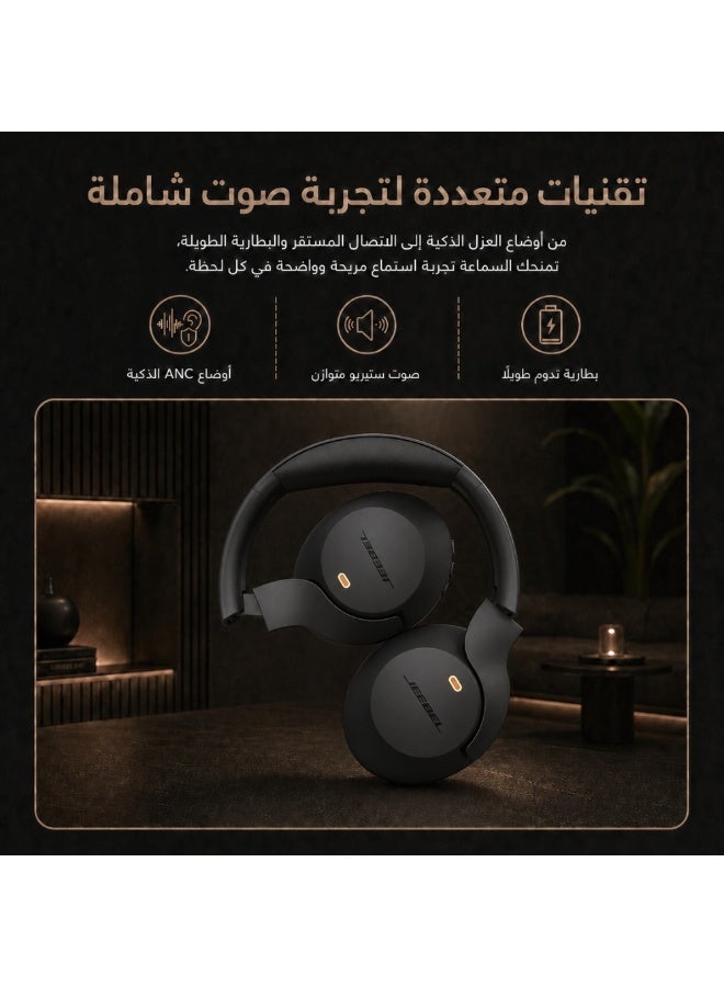 Jeebel ANCPRO smart wireless headphones with advanced noise cancellation, deep stereo sound, Bluetooth 6.0, up to 55 hours of playtime, multi-device connectivity, three operating modes, black color. - Image 3