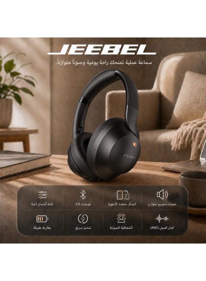 Jeebel ANCPRO smart wireless headphones with advanced noise cancellation, deep stereo sound, Bluetooth 6.0, up to 55 hours of playtime, multi-device connectivity, three operating modes, black color. - Image 1