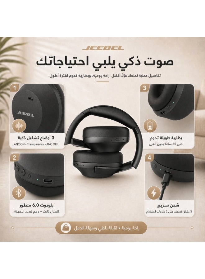 Jeebel ANC PRO smart wireless headphones with advanced noise cancellation, deep stereo sound, Bluetooth 6.0, up to 55 hours of playtime, multi-device connectivity, three operating modes, black color. - Image 4