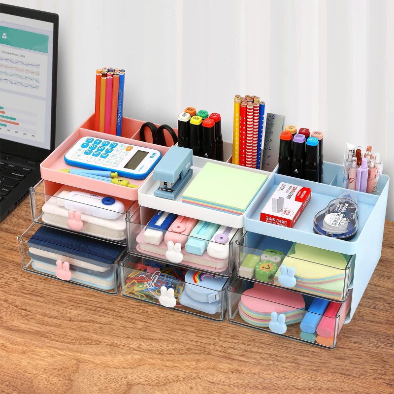 LETURE Small Desk Organizer With Drawer, Office Desktop Storage Box, Business Card/Pen/Pencil/Mobile Phone/Stationery Holder Storage Box, Makeup Organizer for Office School Home (Pink) - Image 4