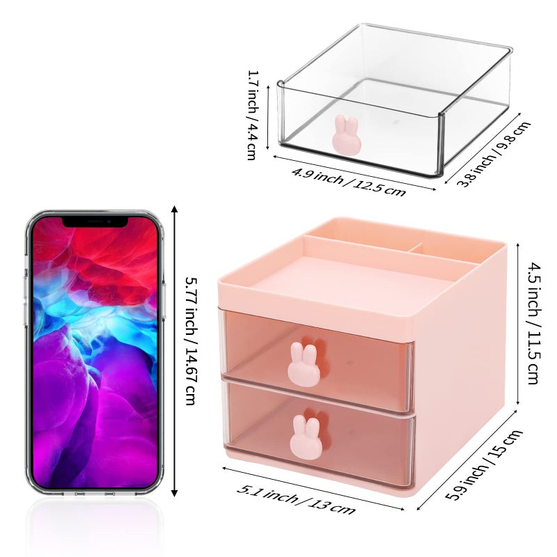 LETURE Small Desk Organizer With Drawer, Office Desktop Storage Box, Business Card/Pen/Pencil/Mobile Phone/Stationery Holder Storage Box, Makeup Organizer for Office School Home (Pink) - Image 2