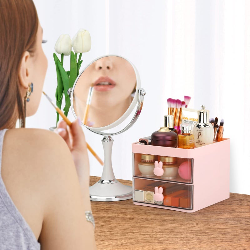 LETURE Small Desk Organizer With Drawer, Office Desktop Storage Box, Business Card/Pen/Pencil/Mobile Phone/Stationery Holder Storage Box, Makeup Organizer for Office School Home (Pink) - Image 5