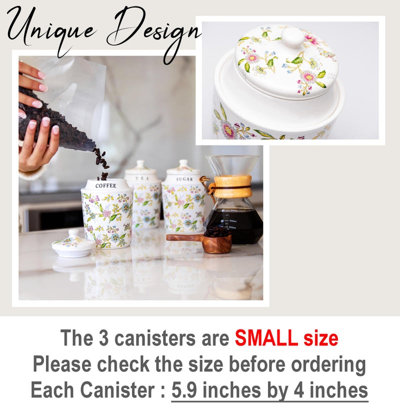 25DOL Small Coffee Tea Sugar Canister Set with Airtight Lids - Elegant Flower Kitchen Canisters Set of 3 Pantry Jars Containers - Decorative Ceramic Canister Set for Countertop or Coffee Bar - 13.5 Ounce - Image 4