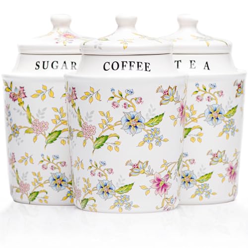 25DOL Small Coffee Tea Sugar Canister Set with Airtight Lids - Elegant Flower Kitchen Canisters Set of 3 Pantry Jars Containers - Decorative Ceramic Canister Set for Countertop or Coffee Bar - 13.5 Ounce - Image 1