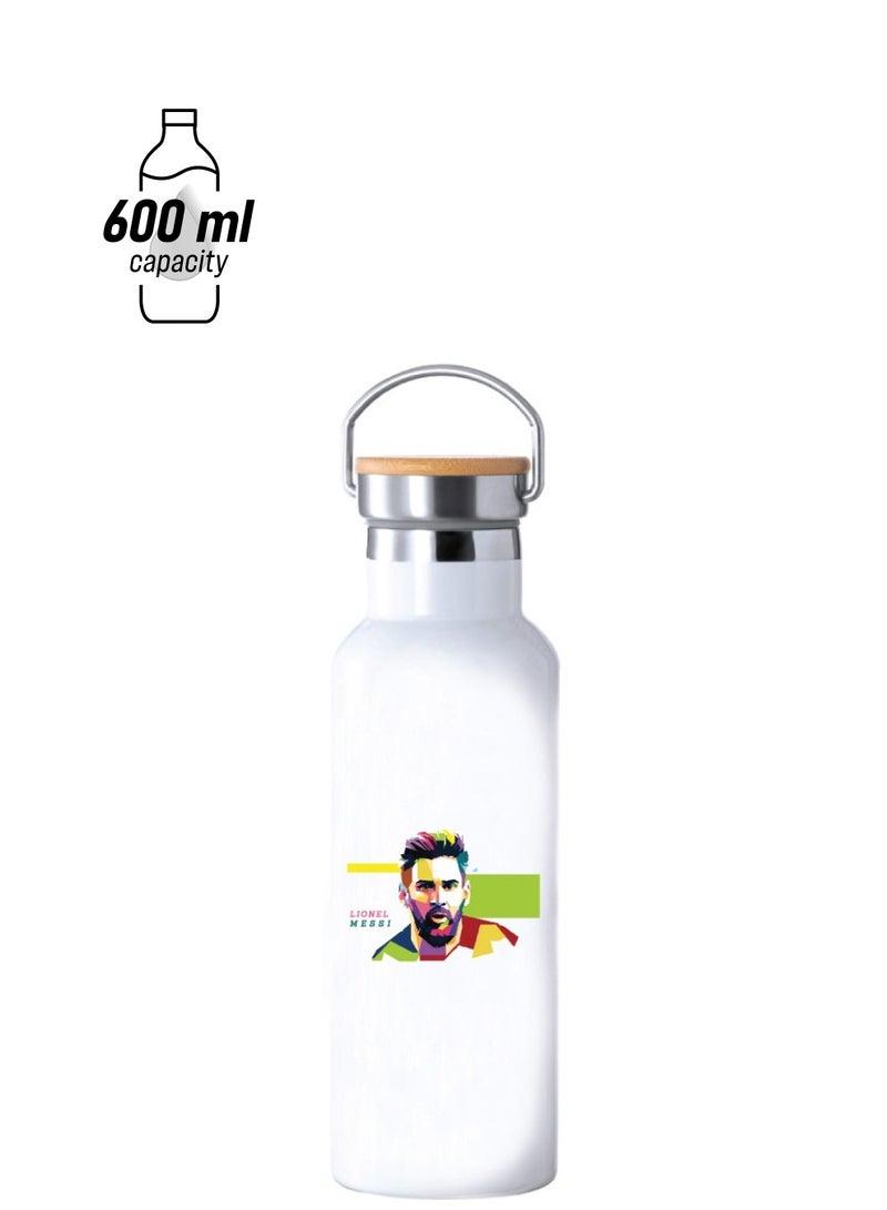 PRINTSHOP4ME Football Super Hero Messi Water Flask Bottle - Gift for Sports Fans and Athletes - Stainless Steel Bamboo Cap Flask Bottle 600ml - Ideal for Sports Enthusiasts - Image 1