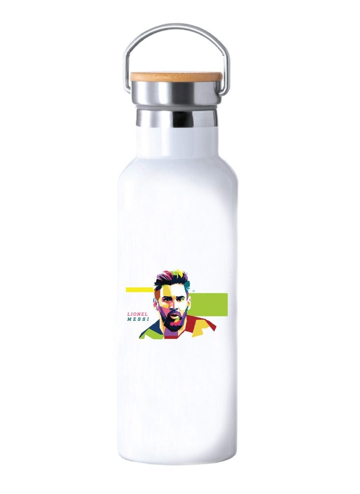 PRINTSHOP4ME - Football Super Hero Messi Water Flask Bottle - Gift for Sports Fans and Athletes - Stainless Steel Bamboo Cap Flask Bottle 600ml - Ideal for Sports Enthusiasts - Image 1