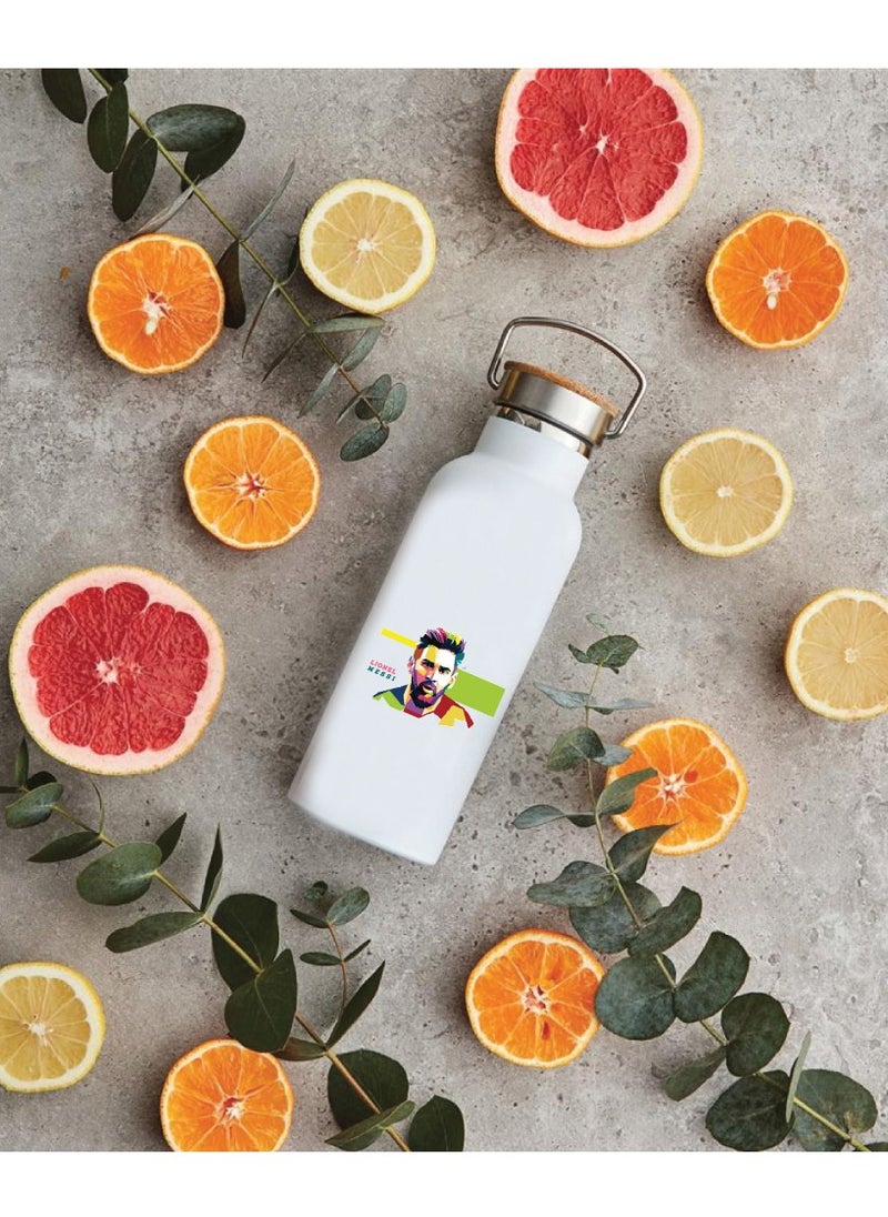 PRINTSHOP4ME - Football Super Hero Messi Water Flask Bottle - Gift for Sports Fans and Athletes - Stainless Steel Bamboo Cap Flask Bottle 600ml - Ideal for Sports Enthusiasts - Image 1