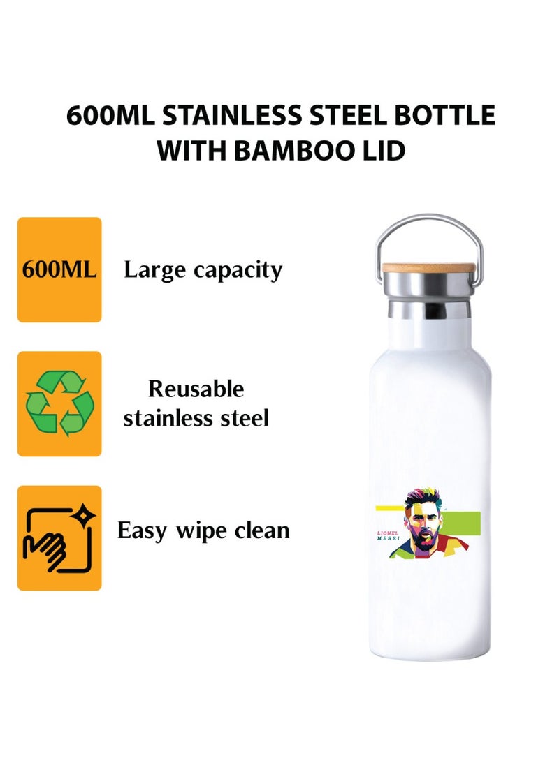 PRINTSHOP4ME - Football Super Hero Messi Water Flask Bottle - Gift for Sports Fans and Athletes - Stainless Steel Bamboo Cap Flask Bottle 600ml - Ideal for Sports Enthusiasts - Image 1