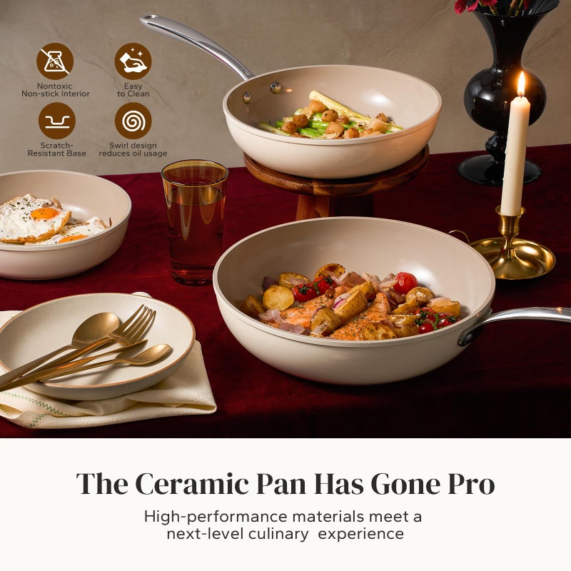 Redchef Ceramic Frying Pans, 4-Piece Non Stick Frying Pans, Non Toxic Skillet with Lid, Ceramic Cookware Set, 8" 9.5" 11" Egg Saute Pan, PFAS & PTFE & PFOA Free, Dishwasher & Oven Safe, Beige White - Image 4