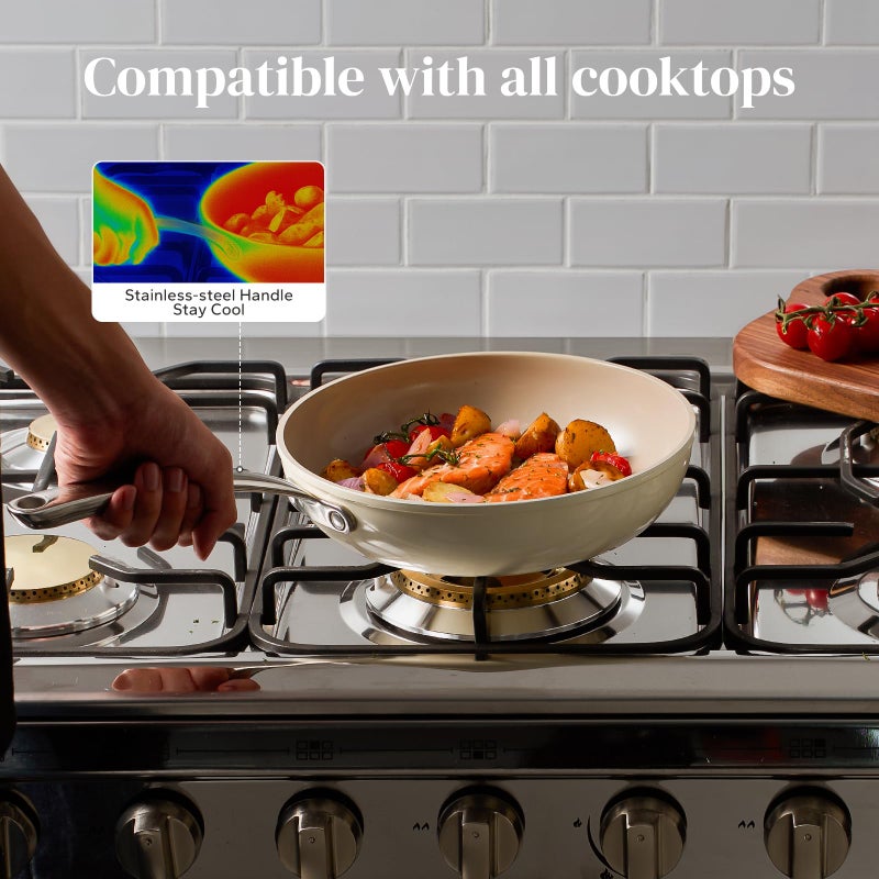 Redchef Ceramic Frying Pans, 4-Piece Non Stick Frying Pans, Non Toxic Skillet with Lid, Ceramic Cookware Set, 8" 9.5" 11" Egg Saute Pan, PFAS & PTFE & PFOA Free, Dishwasher & Oven Safe, Beige White - Image 5