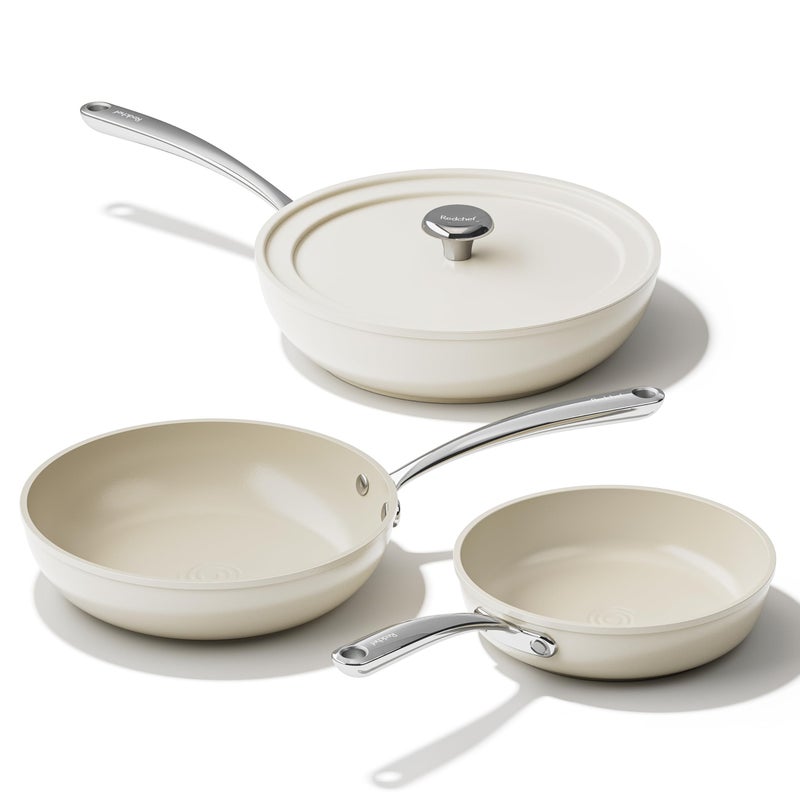 Redchef Ceramic Frying Pans, 4-Piece Non Stick Frying Pans, Non Toxic Skillet with Lid, Ceramic Cookware Set, 8" 9.5" 11" Egg Saute Pan, PFAS & PTFE & PFOA Free, Dishwasher & Oven Safe, Beige White - Image 1