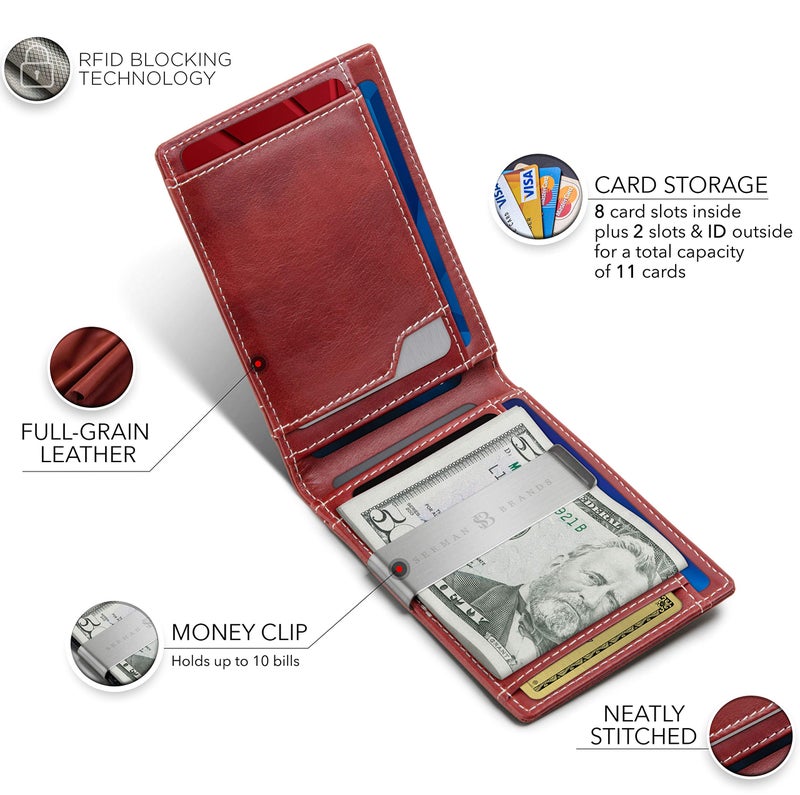 SERMAN BRANDS SERMAN BRANDS Money Clip Wallet - Mens Wallets slim Front Pocket RFID Blocking Card Holder Minimalist Mini Bifold (Ruby Red Transformer)  - Image 5