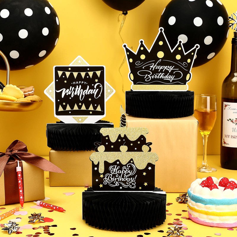 Skylety 6 Pcs Black and Gold Birthday Party Decorations Honeycomb Happy Birthday Centerpieces for Table Reusable Elegant Black Gold Table Toppers for Men and Woman - Image 5