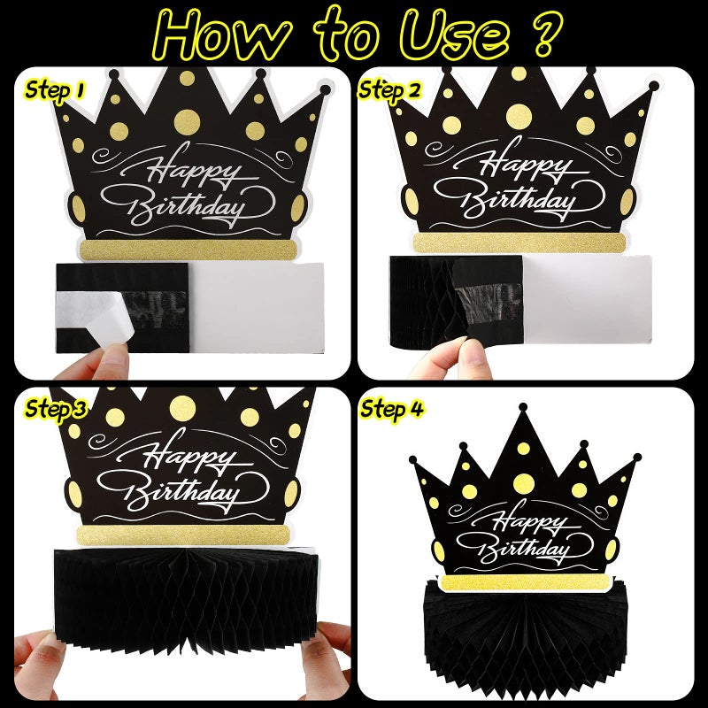 Skylety 6 Pcs Black and Gold Birthday Party Decorations Honeycomb Happy Birthday Centerpieces for Table Reusable Elegant Black Gold Table Toppers for Men and Woman - Image 3