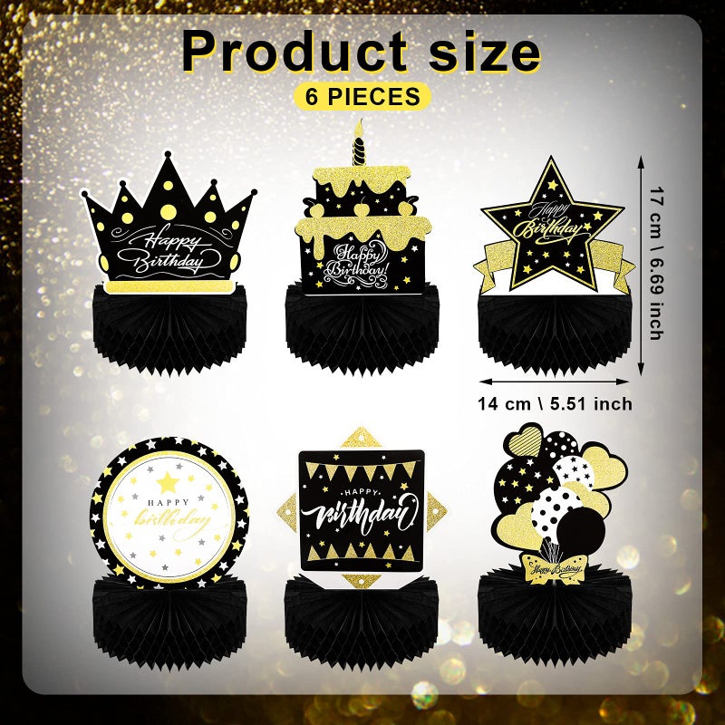 Skylety 6 Pcs Black and Gold Birthday Party Decorations Honeycomb Happy Birthday Centerpieces for Table Reusable Elegant Black Gold Table Toppers for Men and Woman - Image 2