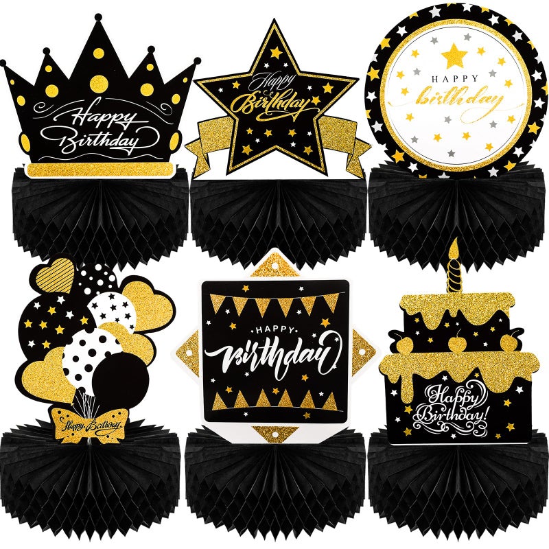 Skylety 6 Pcs Black and Gold Birthday Party Decorations Honeycomb Happy Birthday Centerpieces for Table Reusable Elegant Black Gold Table Toppers for Men and Woman - Image 1