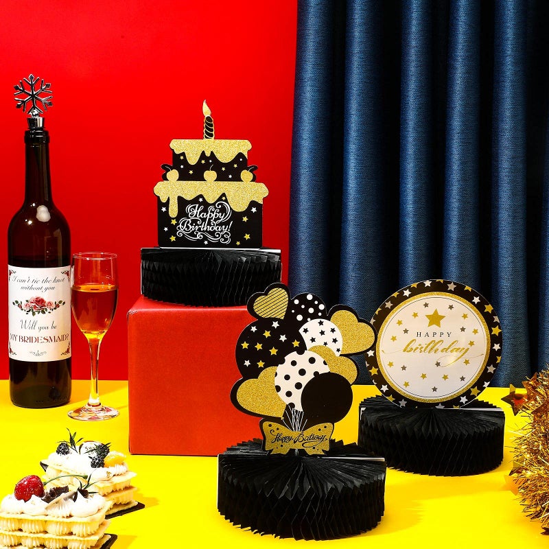 Skylety 6 Pcs Black and Gold Birthday Party Decorations Honeycomb Happy Birthday Centerpieces for Table Reusable Elegant Black Gold Table Toppers for Men and Woman - Image 4