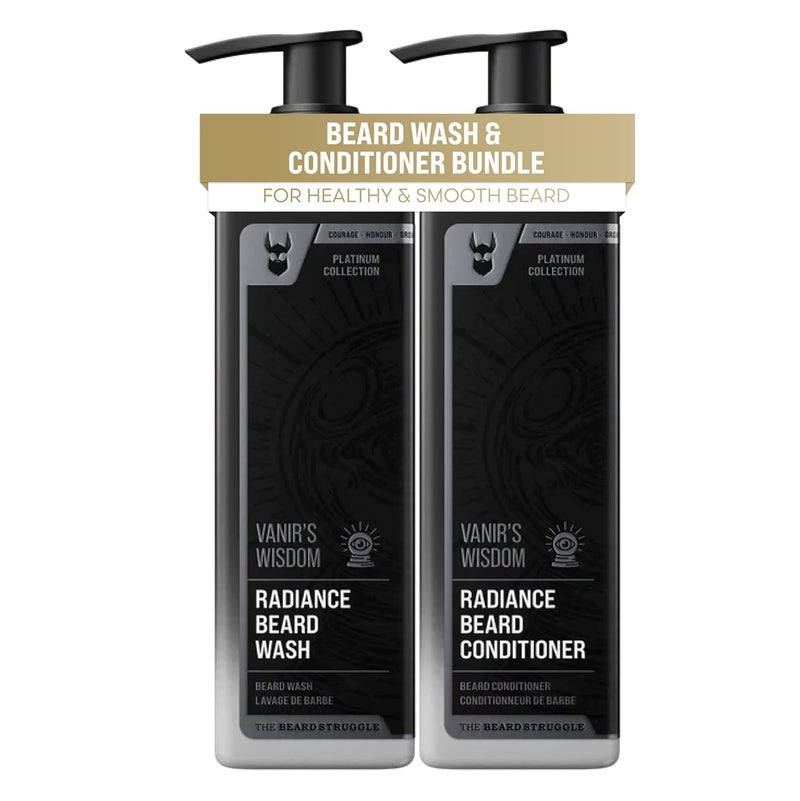 The Beard Struggle Radiance Beard Wash & Conditioner Bundle - Platinum Collection - Pack of 2 - Vanir's Wisdom - 8 Fl Oz each - For Men - Nourish, Cleanse, Soften, & Strengthen Beard