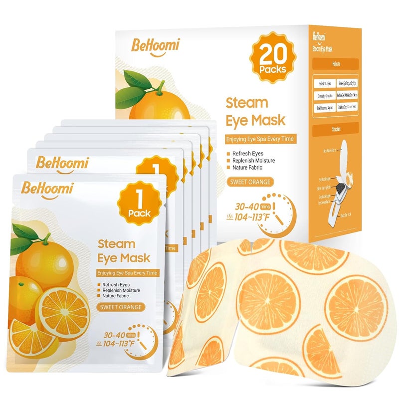 BeHoomi 20 Packs Steam Eye Mask Heated Eye Mask Warm Compress for Eyes Disposable Self Heating Eye Mask for Sleep Travel Essentials  Relaxation Gifts for Women Stocking Stuffers Sweet Orange 