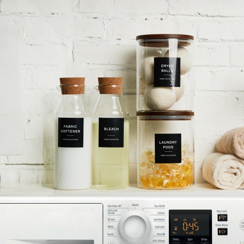KOSKIMER Glass Laundry Storage Containers with Acacia Lids and Scoops, 2 Pack Laundry Room Organization Jars with Labels, Powder Detergent Organizer and Laundry Pod Holder, Glass Laundry Beads Canisters Set - Image 5