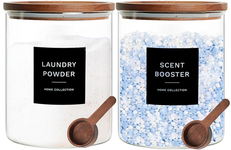 KOSKIMER Glass Laundry Storage Containers with Acacia Lids and Scoops, 2 Pack Laundry Room Organization Jars with Labels, Powder Detergent Organizer and Laundry Pod Holder, Glass Laundry Beads Canisters Set - Image 1