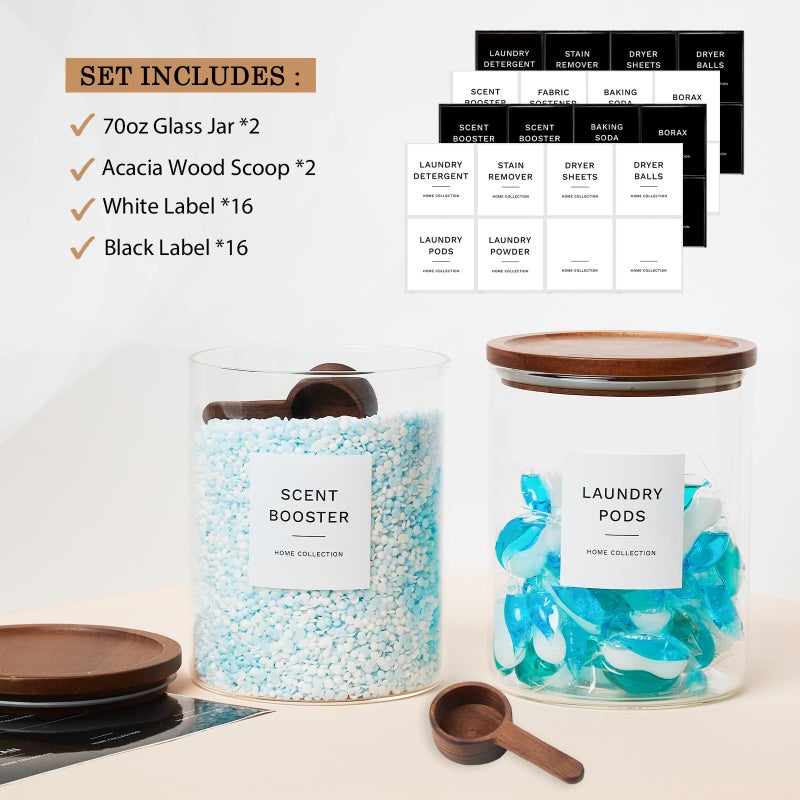KOSKIMER Glass Laundry Storage Containers with Acacia Lids and Scoops, 2 Pack Laundry Room Organization Jars with Labels, Powder Detergent Organizer and Laundry Pod Holder, Glass Laundry Beads Canisters Set - Image 3