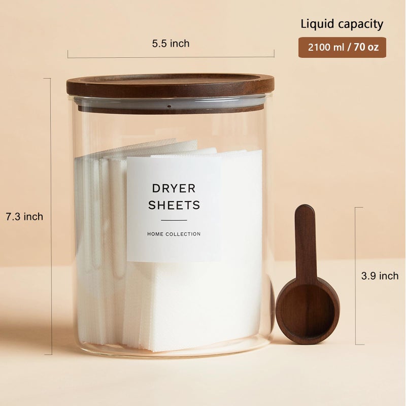KOSKIMER Glass Laundry Storage Containers with Acacia Lids and Scoops, 2 Pack Laundry Room Organization Jars with Labels, Powder Detergent Organizer and Laundry Pod Holder, Glass Laundry Beads Canisters Set - Image 2
