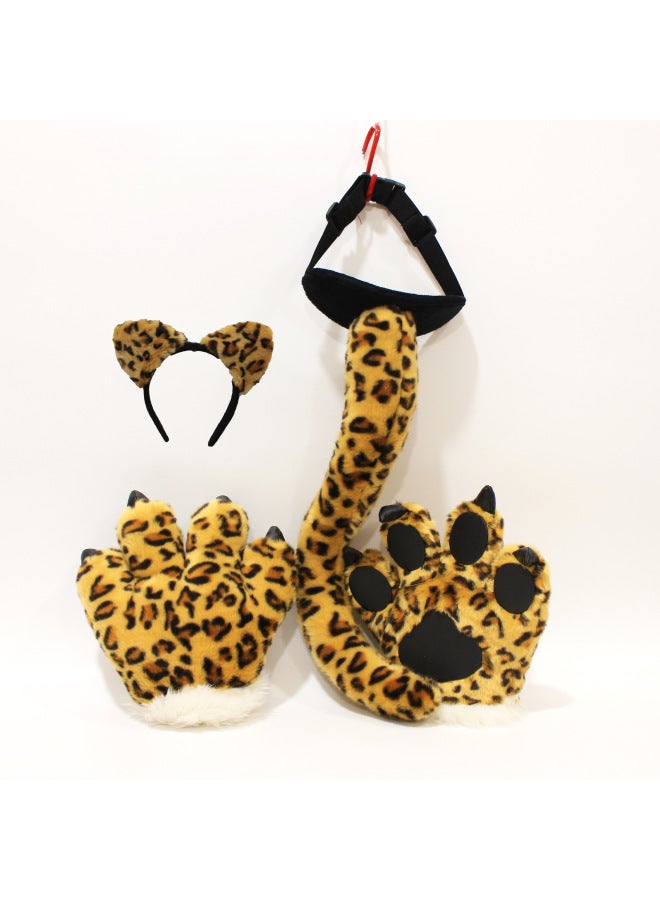 Zoo Tiger Tail Lion Hair Band Dinosaur Plush Toy Giraffe Gloves Panda Paw Child Props-Color:A Set Of 4 Yellow Leopards  - Image 1