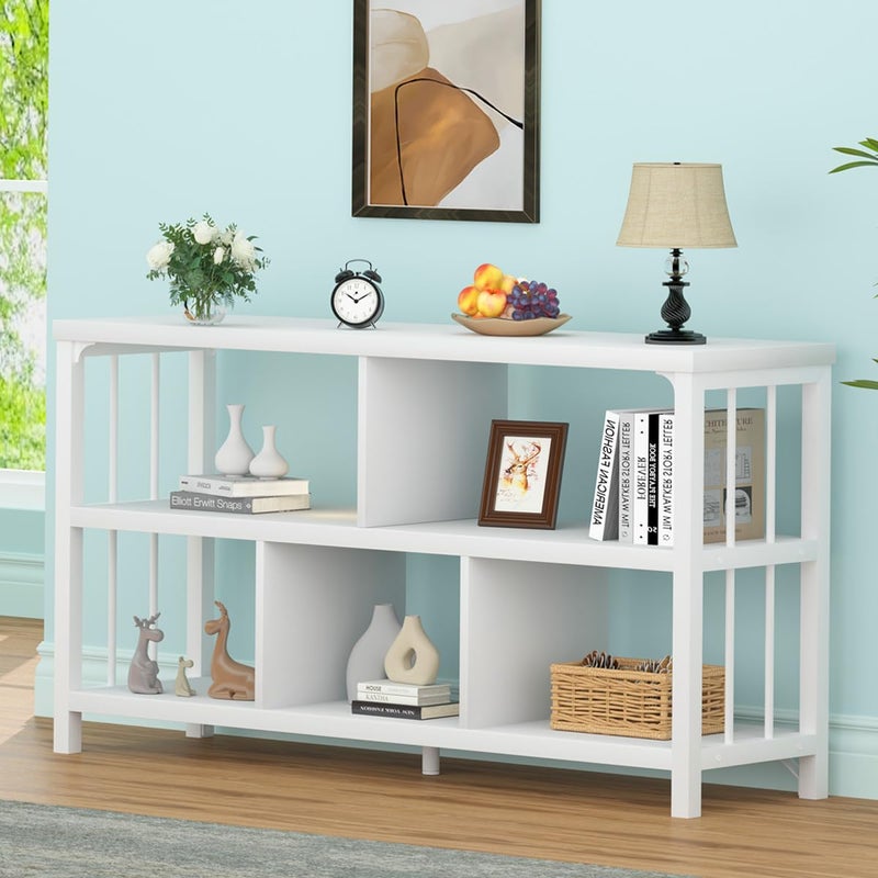 IBF IBF White Wood Bookshelf Industrial Horizontal Cubby Book Shelf Low Open Shelf Bookcase for Office Living Room Modern Short Wide 5 Cube Storage Organizer for Books Display Bedroom White Oak 47 In