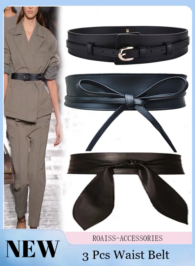 roaiss 3 Pcs Fashion PU Waist Belt for Women, Bow Wrap-around Wide Belts, Women's Formal Shirt Jacket Waist Belts, Fashion Waist Decorative Dress Belts, Suitable for Daily Wear  - Image 1