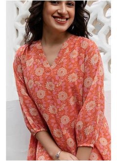 Janasya Janasya Women's Orange Georgette Floral Regular Tunic(JAA24TU00334-M)  - Image 5