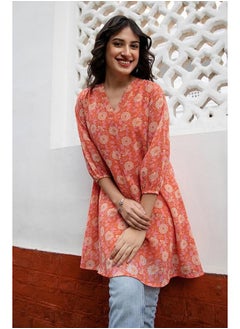 Janasya Janasya Women's Orange Georgette Floral Regular Tunic(JAA24TU00334-M)  - Image 2