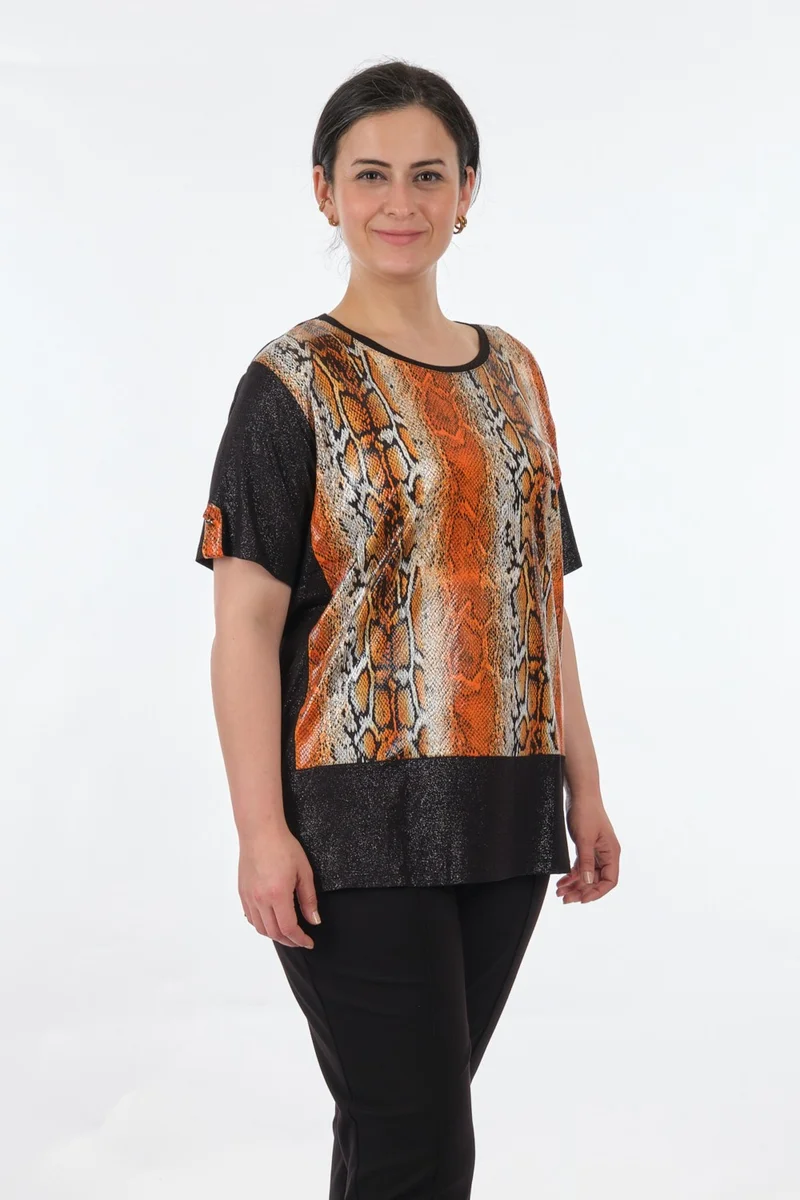 Twomail Round Neck Plus Size Short Sleeve Orange Women's T-Shirt MY2150P10777