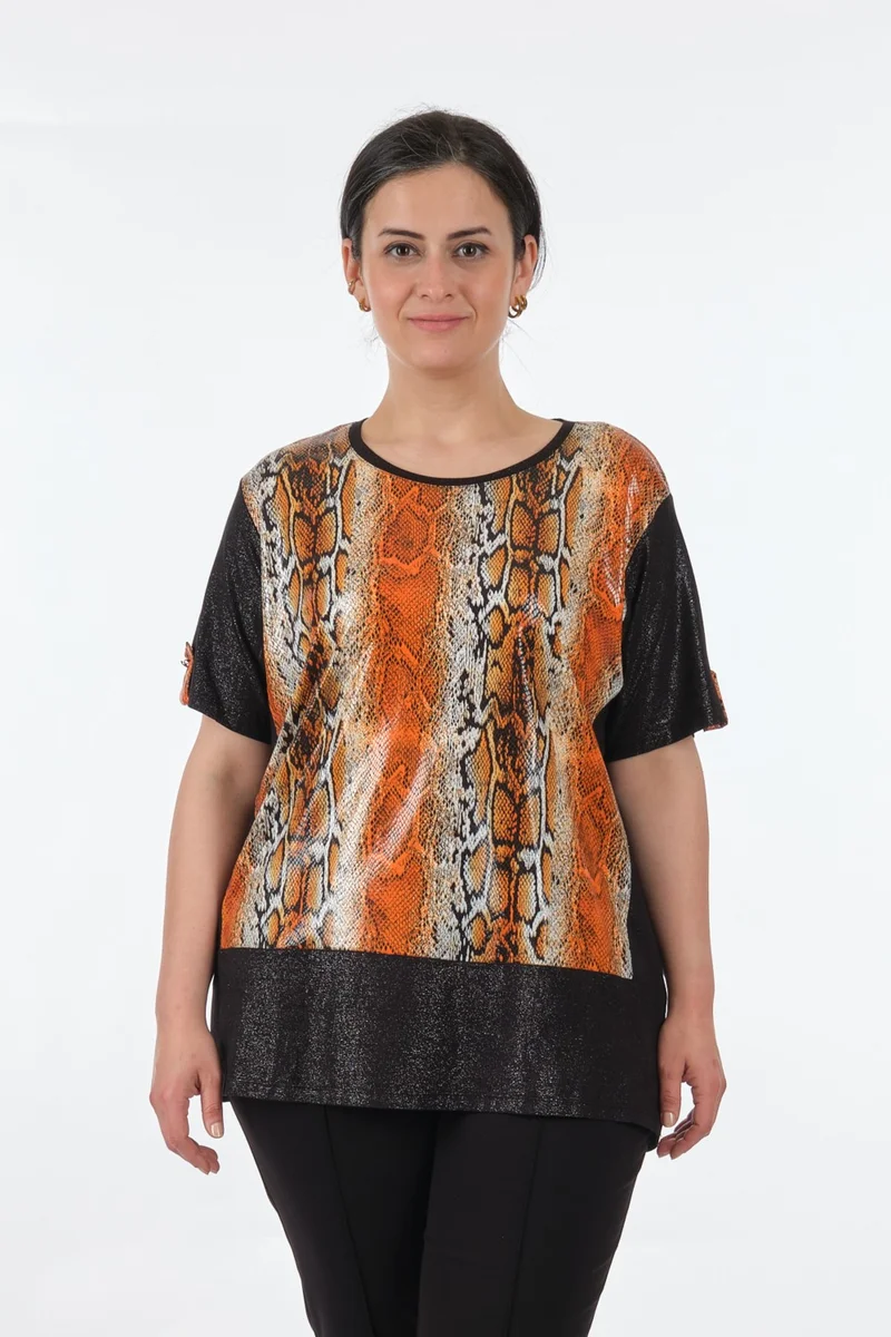 Twomail Round Neck Plus Size Short Sleeve Orange Women's T-Shirt MY2150P10777