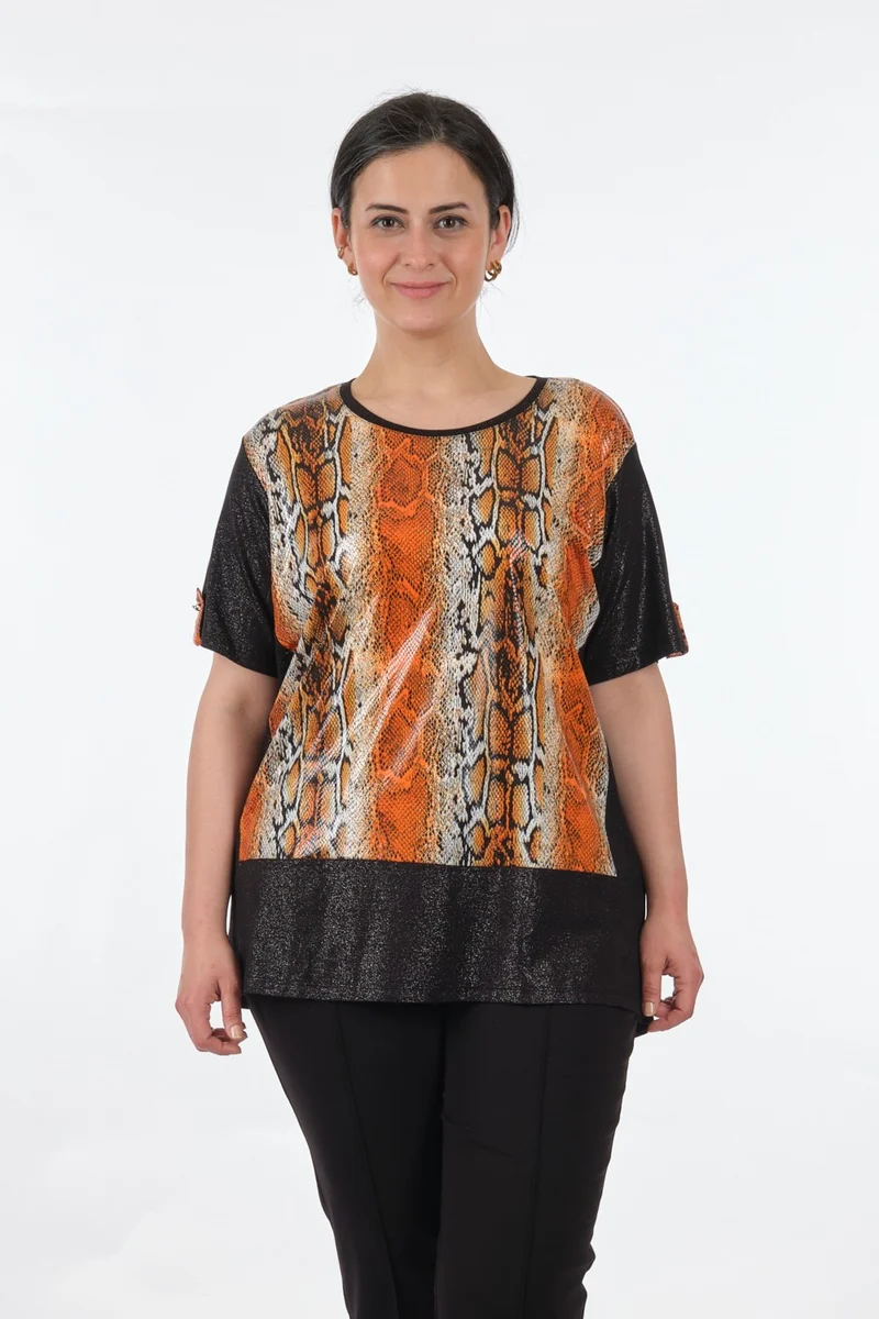 Twomail Round Neck Plus Size Short Sleeve Orange Women's T-Shirt MY2150P10777