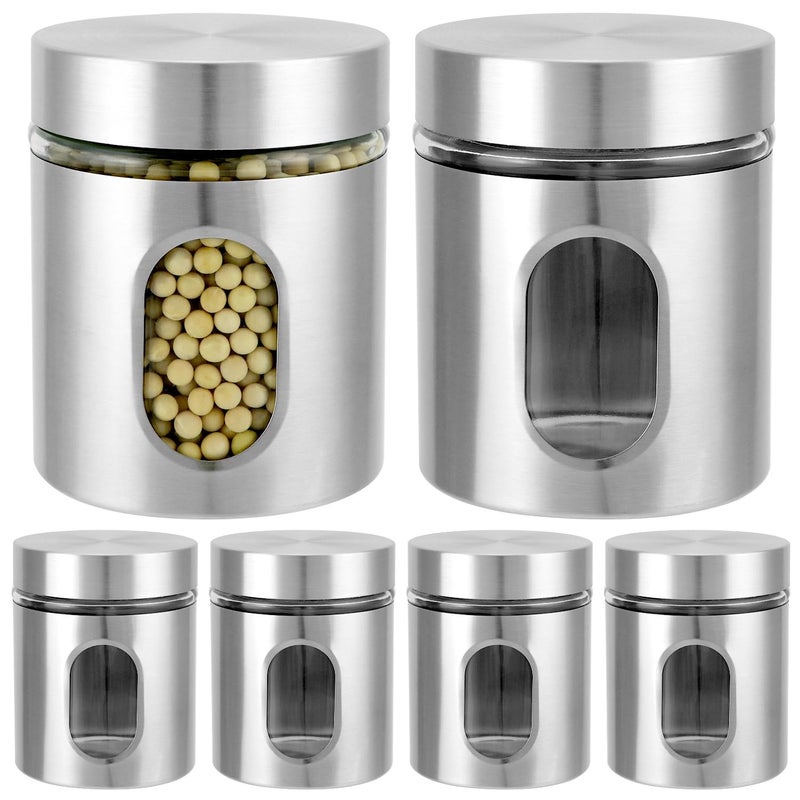 QWORK 6 Pack 20 oz Stainless Steel Glass Kitchen Canisters Set, Airtight Food Storage Containers with Window, for Flour Cookies Spices Grains - Image 1
