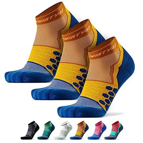 Thirty48 Performance Compression Low Cut Running Socks for Men and Women | More Compression Where Needed ([3 Pair] Mustard/Navy, Large - Women 9-10.5 // Men 10-11.5) - Image 1