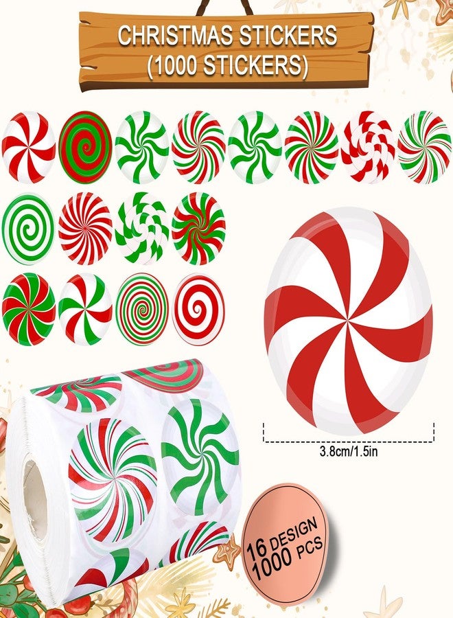 Whaline 1000Pcs Christmas Stickers Roll Candy Theme Decals 16 Designs Red Green Sweet Xmas Adhesive Decorative Round Seal Stickers for Gift Greeting Card Party Supplies - Image 2