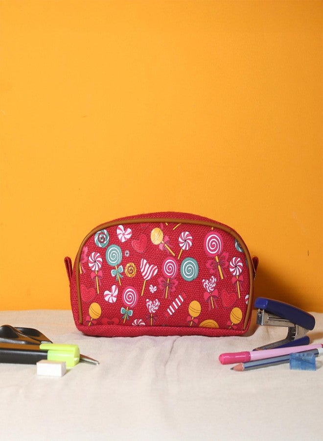 Jute Cottage Eco-Friendly Candy Print Pencil Pouch for Kids | Natural Jute Stationery Organizer with Smooth Zip | Durable, Lightweight & Travel-Friendly | Ideal Return Gift & (Pink) - Image 4