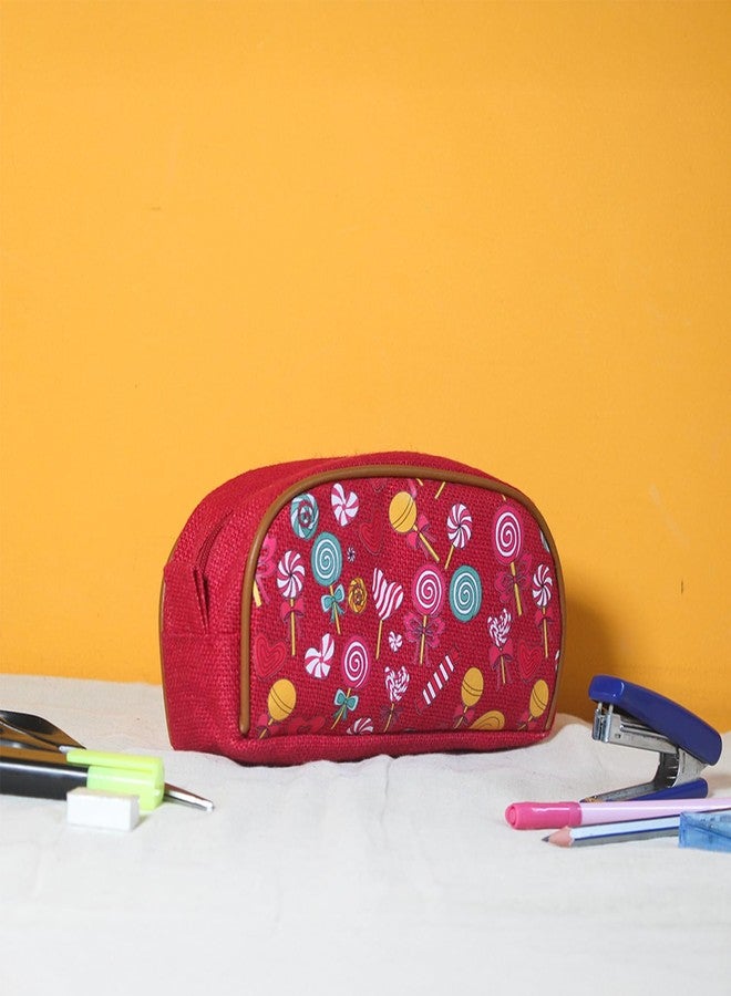 Jute Cottage Eco-Friendly Candy Print Pencil Pouch for Kids | Natural Jute Stationery Organizer with Smooth Zip | Durable, Lightweight & Travel-Friendly | Ideal Return Gift & (Pink) - Image 3